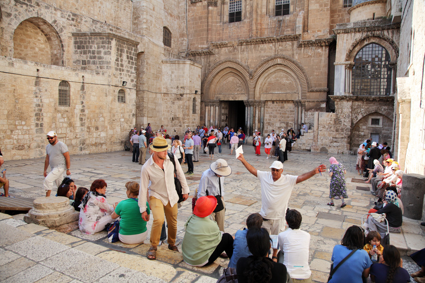 Tourists and tour guide at Church of the Holy Sepulchre